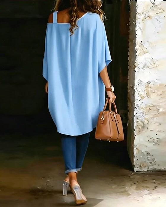 Blus Asymmetrisk Cold Shoulder Enfärgad Avslappnad