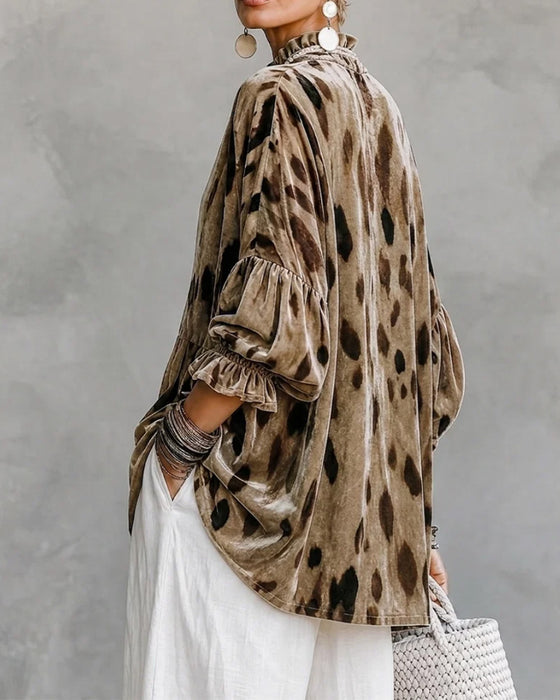 Blus V-Hals Ruffle Kontrast Panel