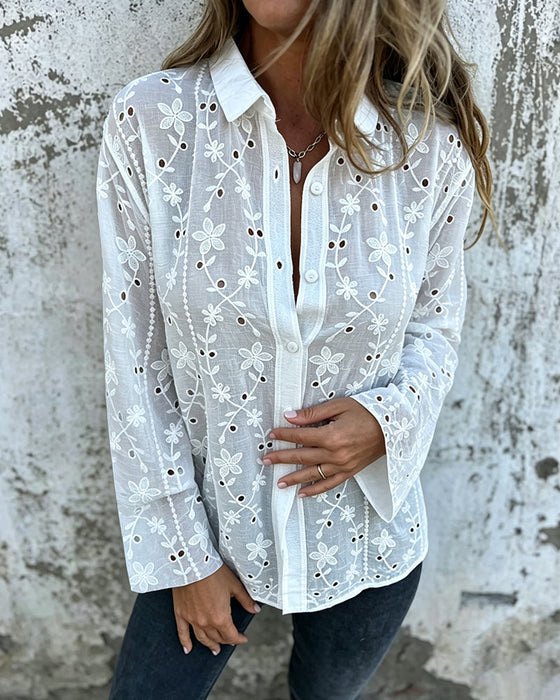 Blouse Floral Hål-Utskuren Långärmad