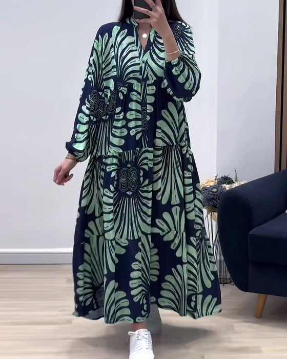 Ståkragetryckt lång klänning med lång ärm och patchwork