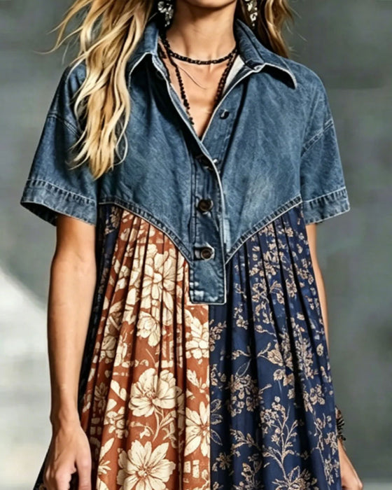 Klänning Skjortkrage Blommig Kontrast Denim Lappverk