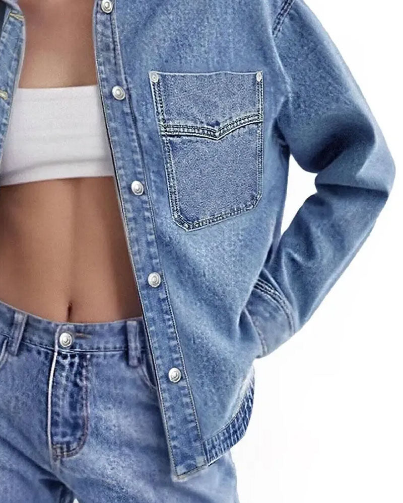 Skjorta Slag Knapp Lång Ärm Denim