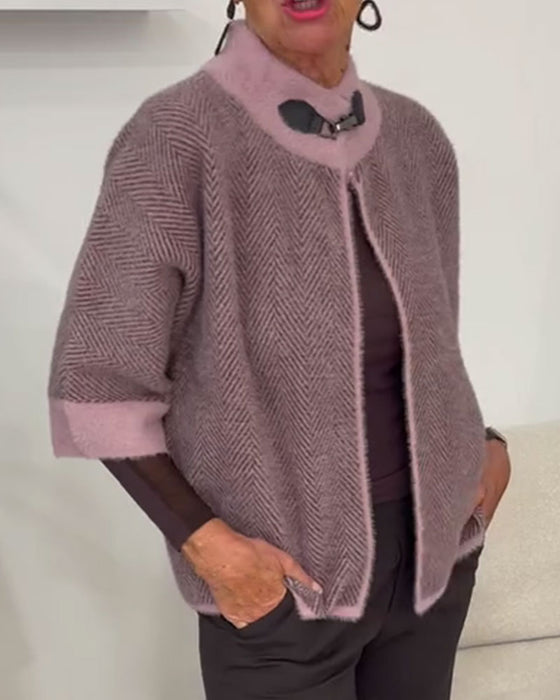 Cardigan Fiskbensmönster Färgblock Croppad Stickad