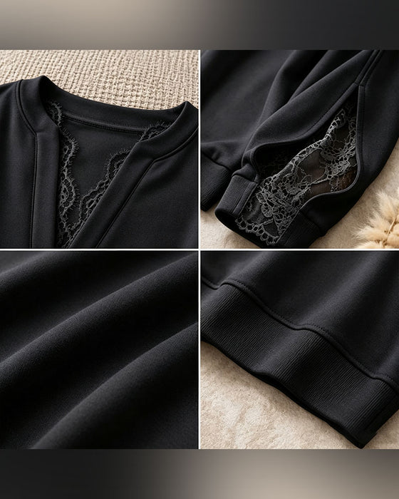 Sweatshirt V-Hals Slits Spets Patchwork