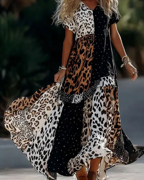 Klänning V-Hals Leopard Prickig Ruffle