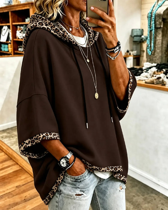 Hoodie Leopardmönster Lapptäcke Med Huva 3/4 Ärm