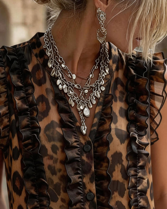 Linne Ärmlös Leopard Tryck Rynkad