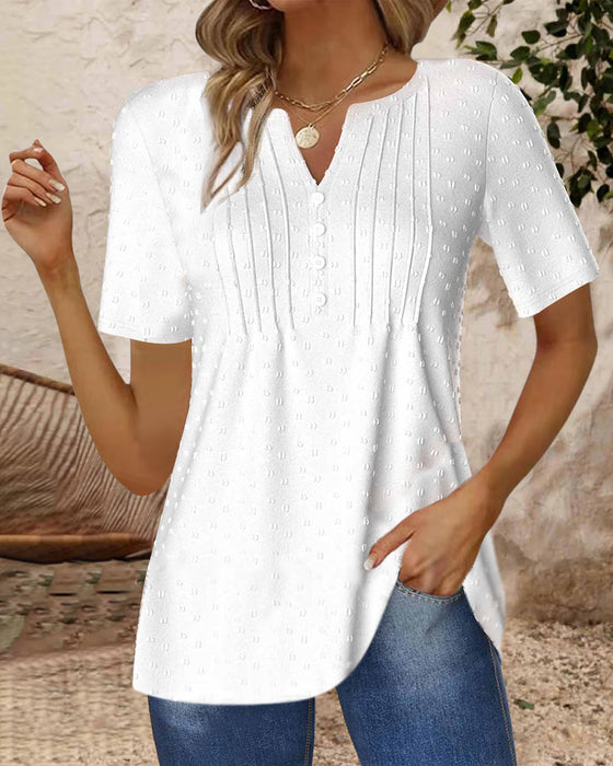Enkel enfärgad jacquard V-ringad kortärmad topp