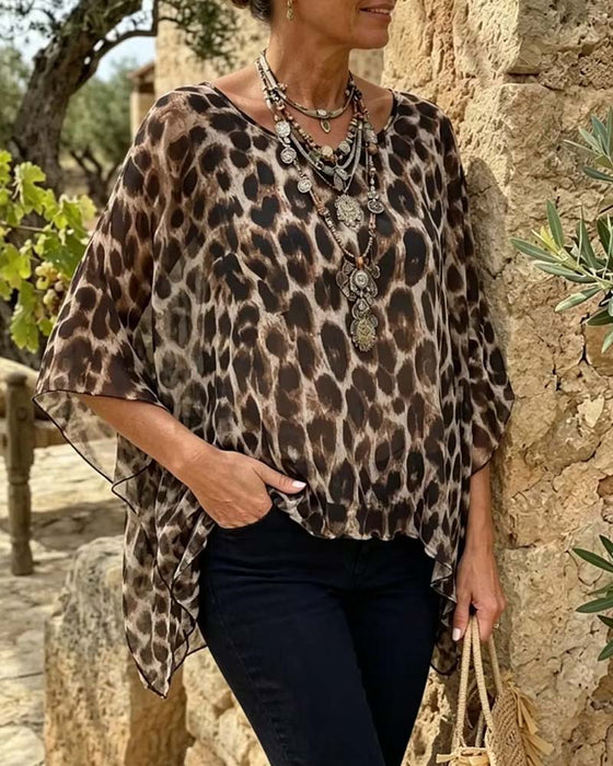 Blus Leopard Fladdermus-Ärm Löst
