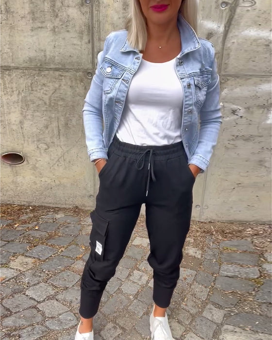 Enfärgade fritidsbyxor med dragsko