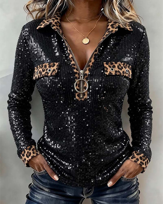 Topp Stilig Leopard Patchwork Dragkedja