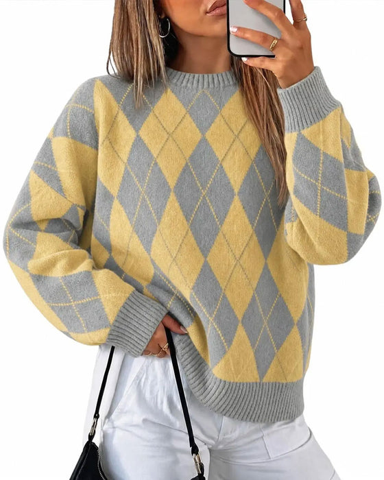 Pullover Diamant Färgblock Rund Hals