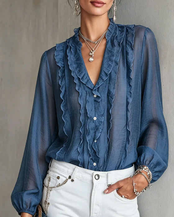 Blus V-Hals Knapp Ruffle