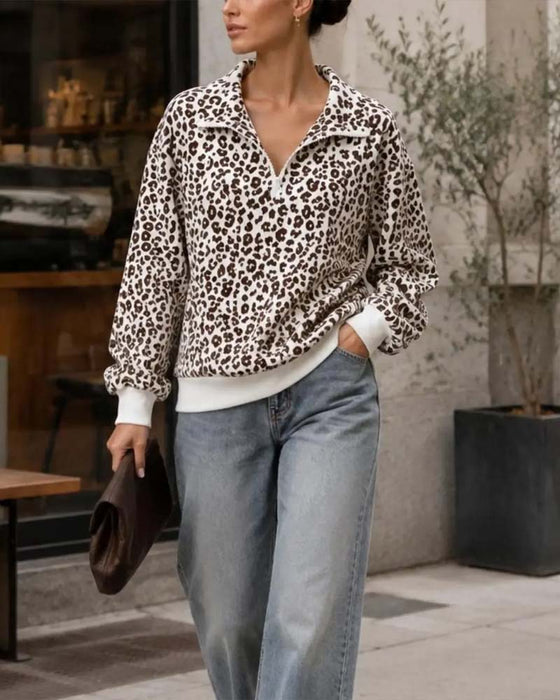 Sweatshirt Dragkedja Leopard Casual