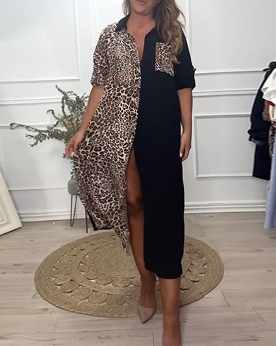 Lapel klänning i leopardmönstrad patchwork