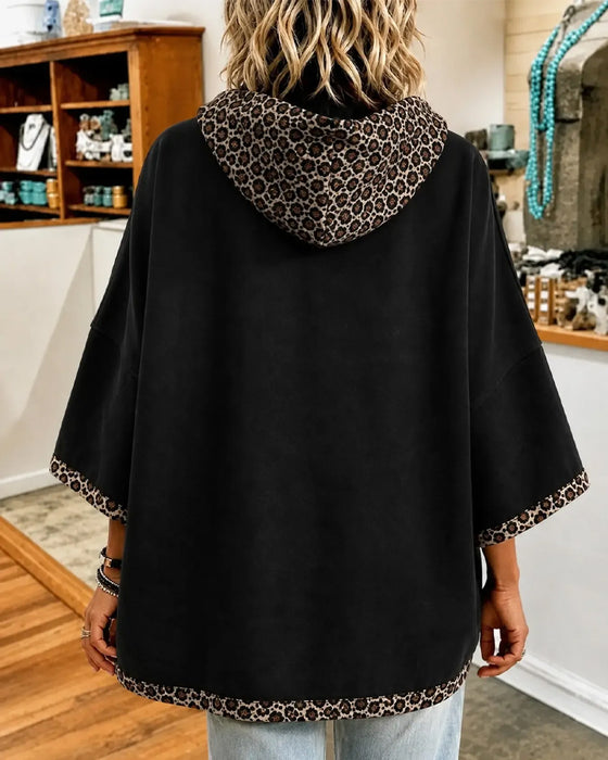 Hoodie Leopardmönster Lapptäcke Med Huva 3/4 Ärm