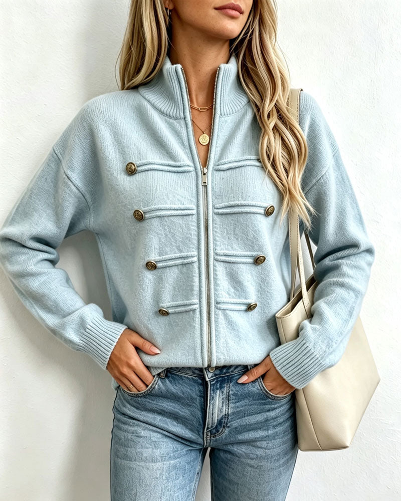 Cardigan Mandarin Krage Mode Dragkedja Stickad