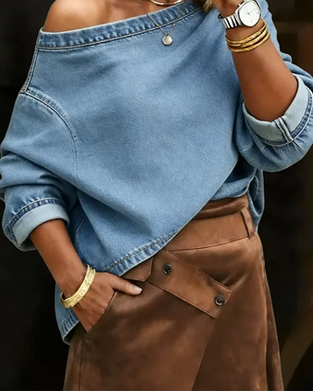 Topp Off-Axel Lös Denim Lång Ärm