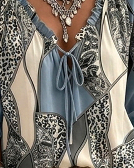 Blus V-Hals Leopard Puffärm Knyt