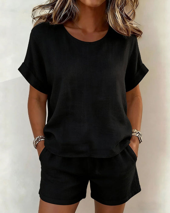Set Solid Rund Hals Kort Ärm Shorts