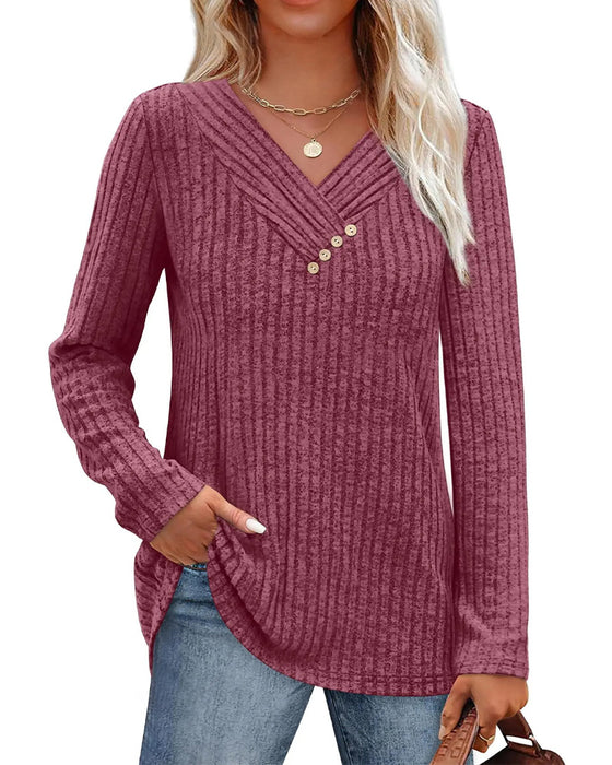 Topp V-Hals Lång Ärm Knapp
