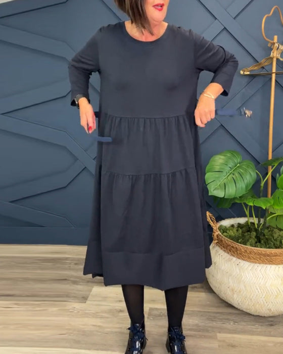 Casual enfärgad patchworkklänning med rund hals