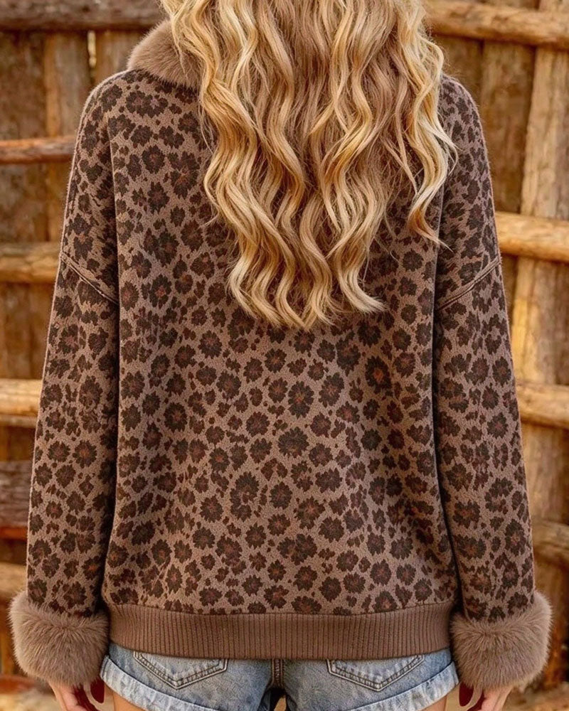 Sweatshirt Slag Knäppt Leopard Tryck Långärmad
