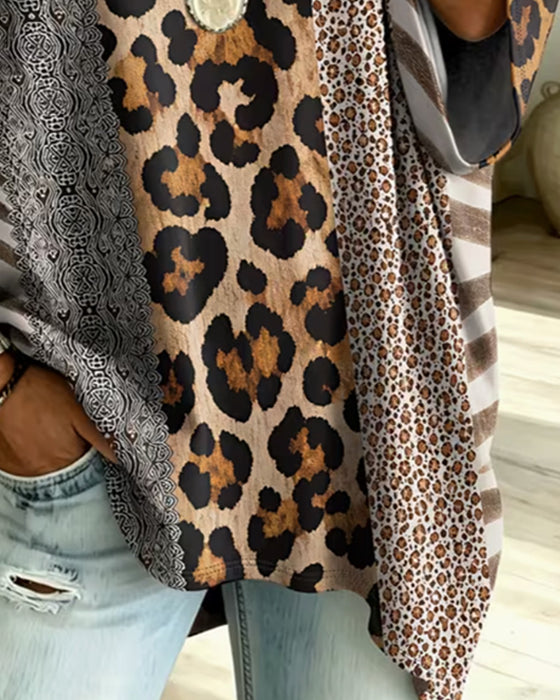 Topp Leopardmönster Patchwork V-Hals Avslappnad