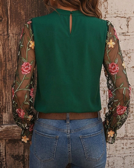 Blus Mode Blommig Mandarin Krage