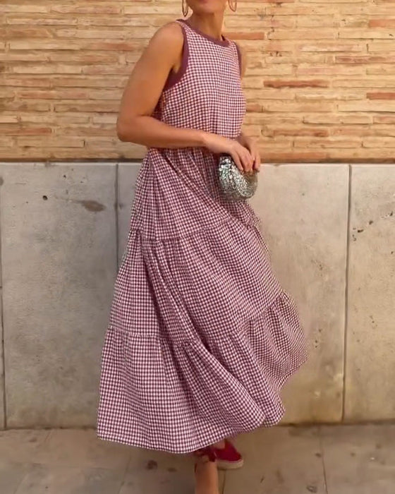 Klänning Rund Hals Plaid Ärmlös