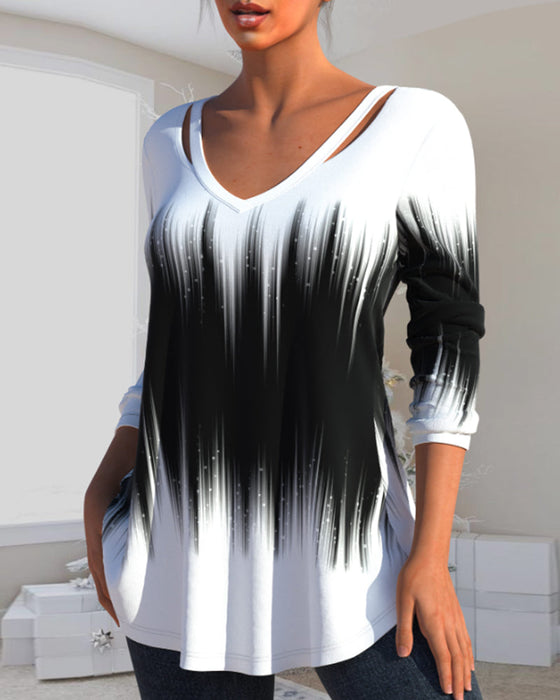 Långärmad topp med Ombre-tryck och v-ringad hals