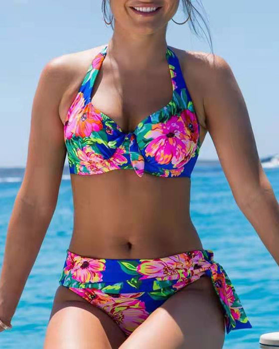 Halterbikini med hög midja i blommönster