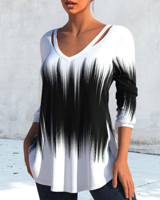 Långärmad topp med Ombre-tryck och v-ringad hals