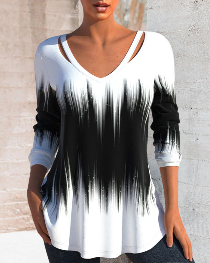 Långärmad topp med Ombre-tryck och v-ringad hals