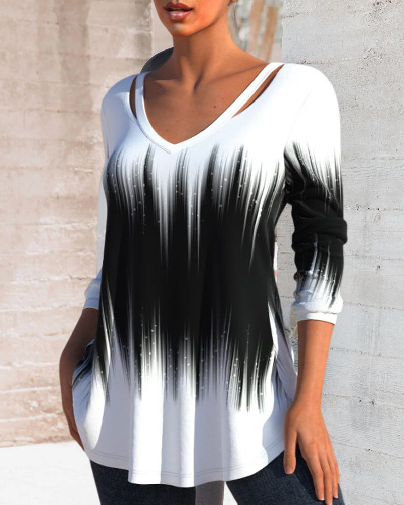 Långärmad topp med Ombre-tryck och v-ringad hals