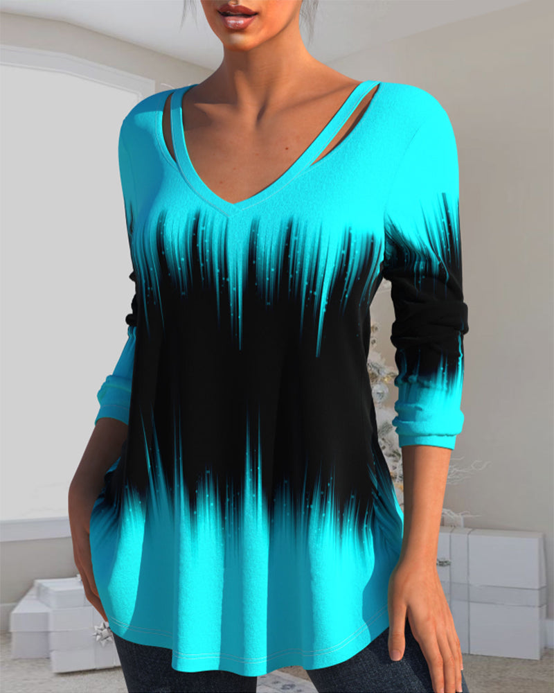 Långärmad topp med Ombre-tryck och v-ringad hals