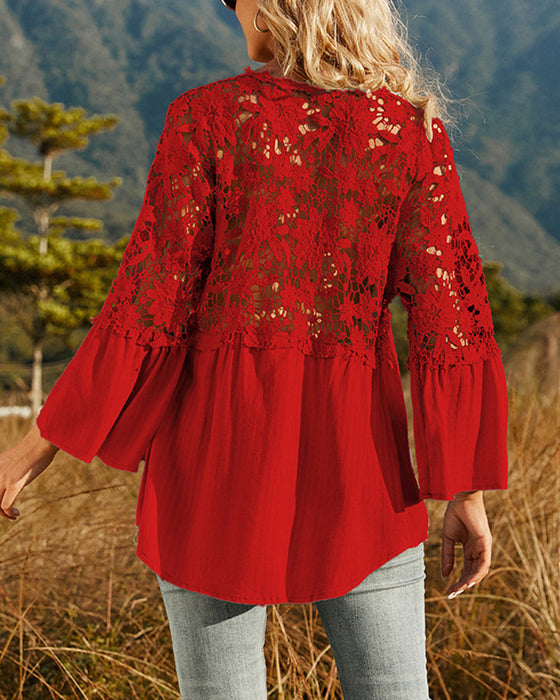 Långärmad Enfärgad Blus med Spetspanel