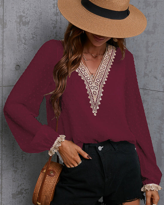 Enfärgad långärmad blusar med spets