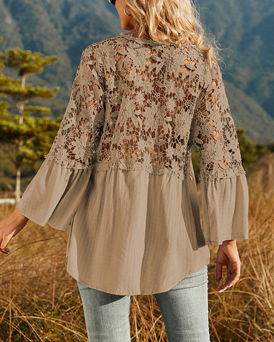 Långärmad Enfärgad Blus med Spetspanel