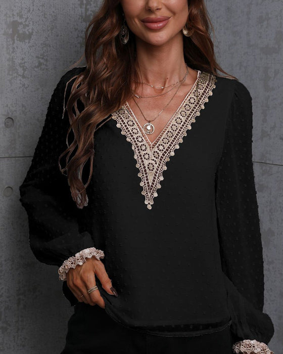 Enfärgad långärmad blusar med spets