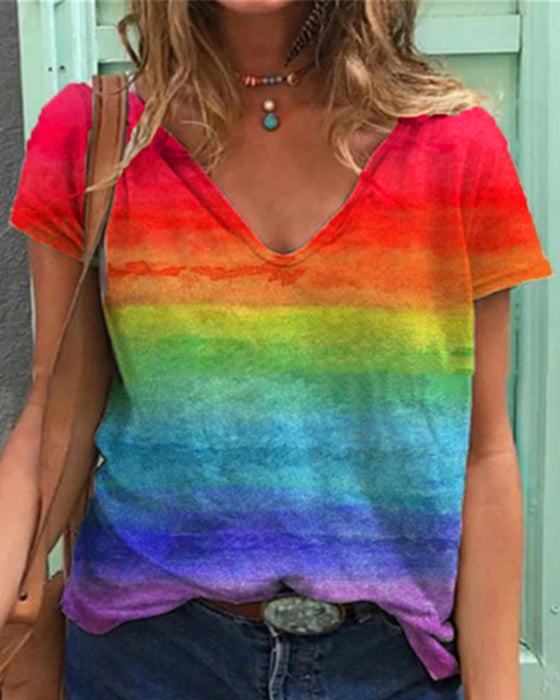 Casual v-ringad t-shirt i regnbågstryck