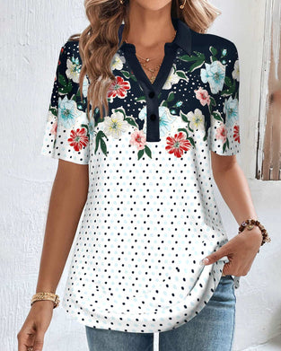 V-ringad blus med blommönster