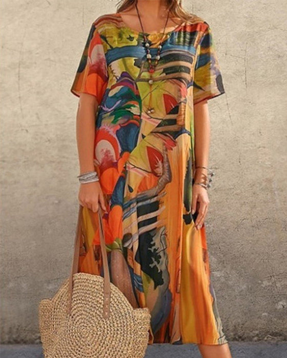 Klänning med rund hals med geometriskt tryck