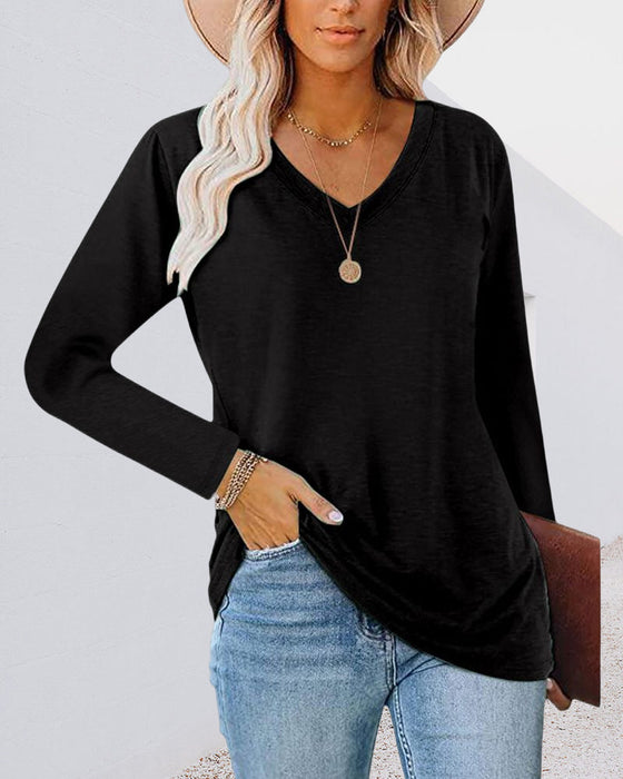 V-ringad enfärgad långärmad t-shirt