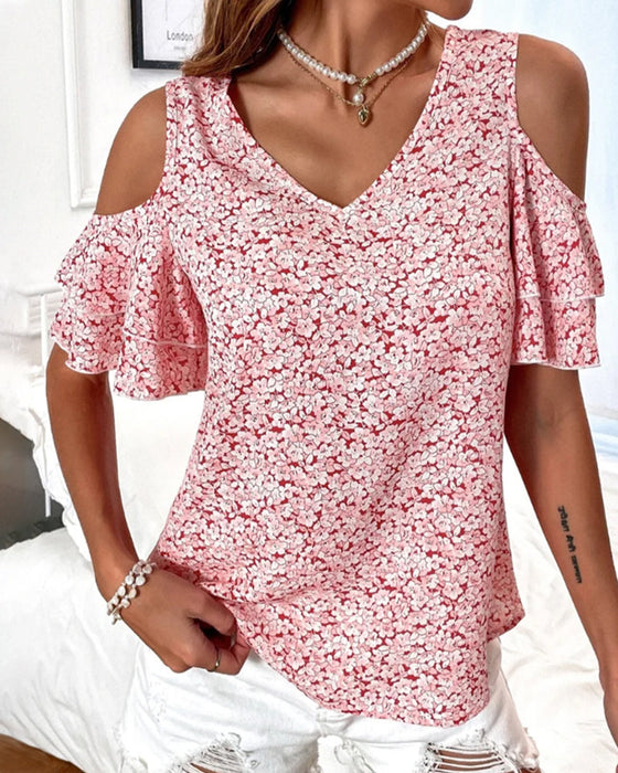 T-shirt med blommönster med kall axel
