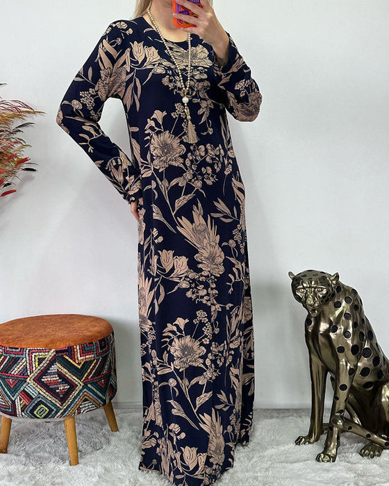 Klänning med rund hals och blommönster