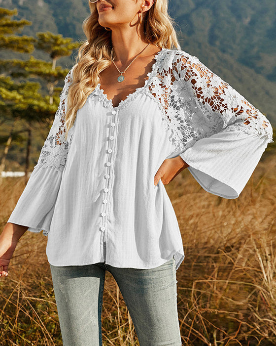 Långärmad Enfärgad Blus med Spetspanel