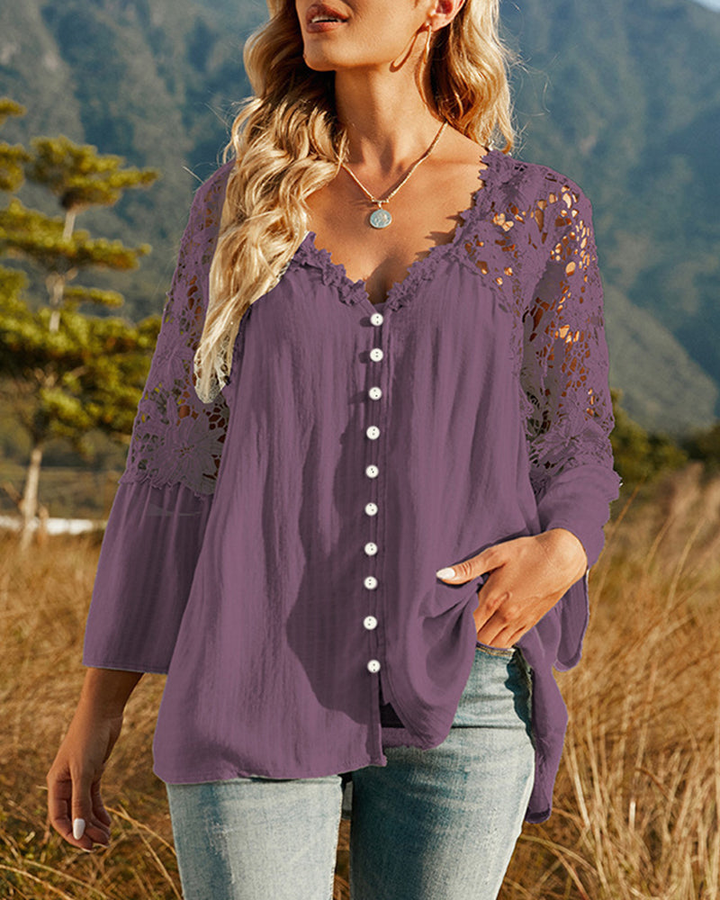 Långärmad Enfärgad Blus med Spetspanel