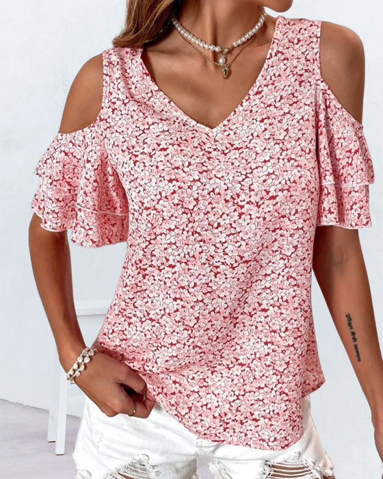 T-shirt med blommönster med kall axel