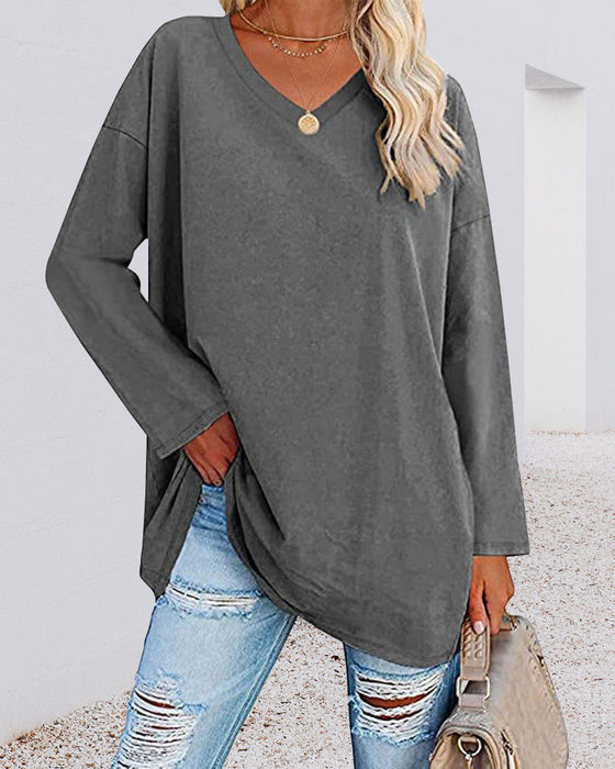 Enfärgad v-ringad långärmad dam t-shirt